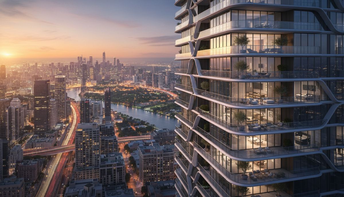 A luxurious modern high-rise condominium building with large glass balconies overlooking a vibrant city skyline at sunset.