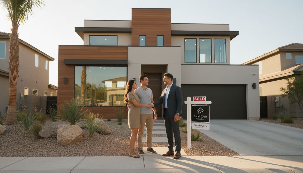 A professional real estate agent shaking hands with a smiling couple in front of a modern suburban house, golden hour lighting, high resolution, architectural photography style.