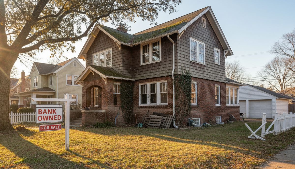 A wide-angle, professional photograph of a charming but slightly weathered suburban house with a 'Bank Owned' sign in the front yard, golden hour lighting, focusing on the potential for renovation and value.