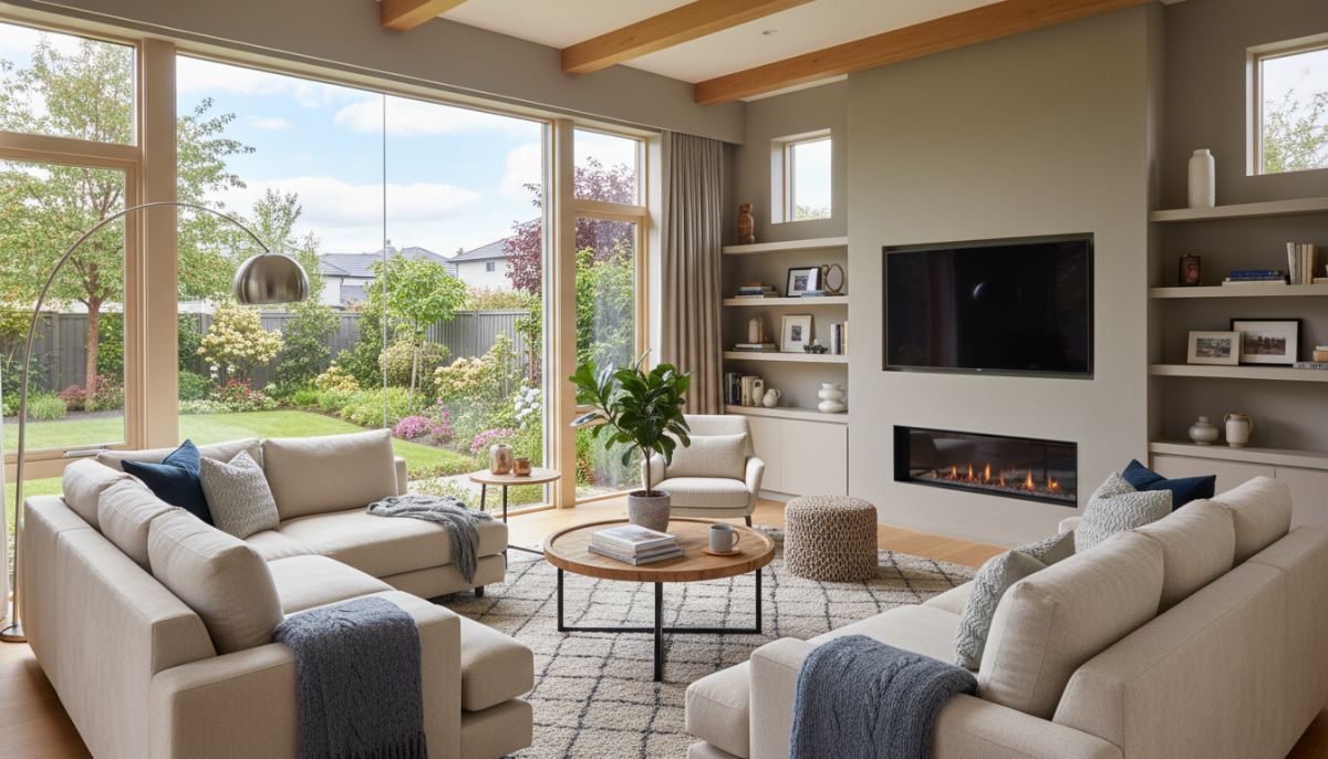 A cozy and modern living room interior with large windows letting in natural sunlight, comfortable furniture, and a view of a green suburban garden outside.
