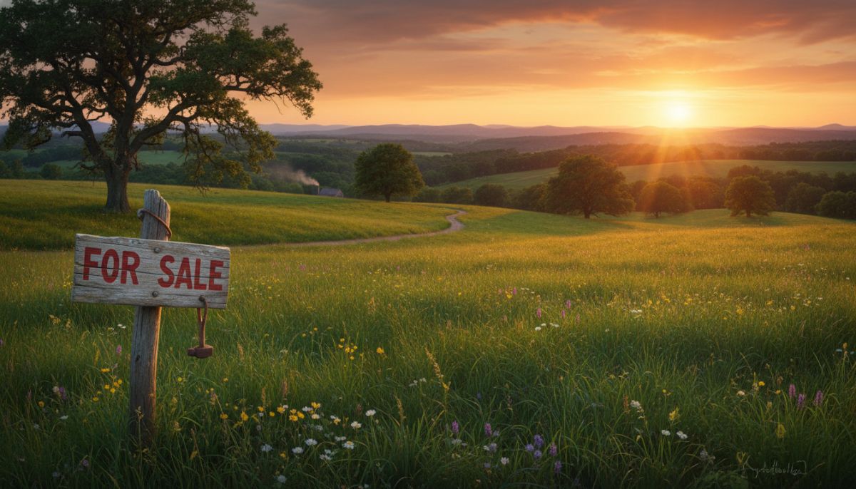 A wide-angle panoramic shot of a lush green meadow with a rustic wooden 'For Sale' sign in the foreground, rolling hills in the distance under a warm golden hour sky, highly detailed and realistic.