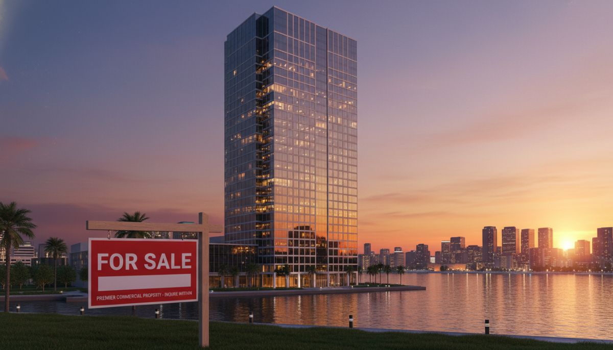 A professional modern commercial office building with glass facade at sunset, reflecting city lights, with a clean architectural design and a For Sale sign prominently displayed in the foreground.