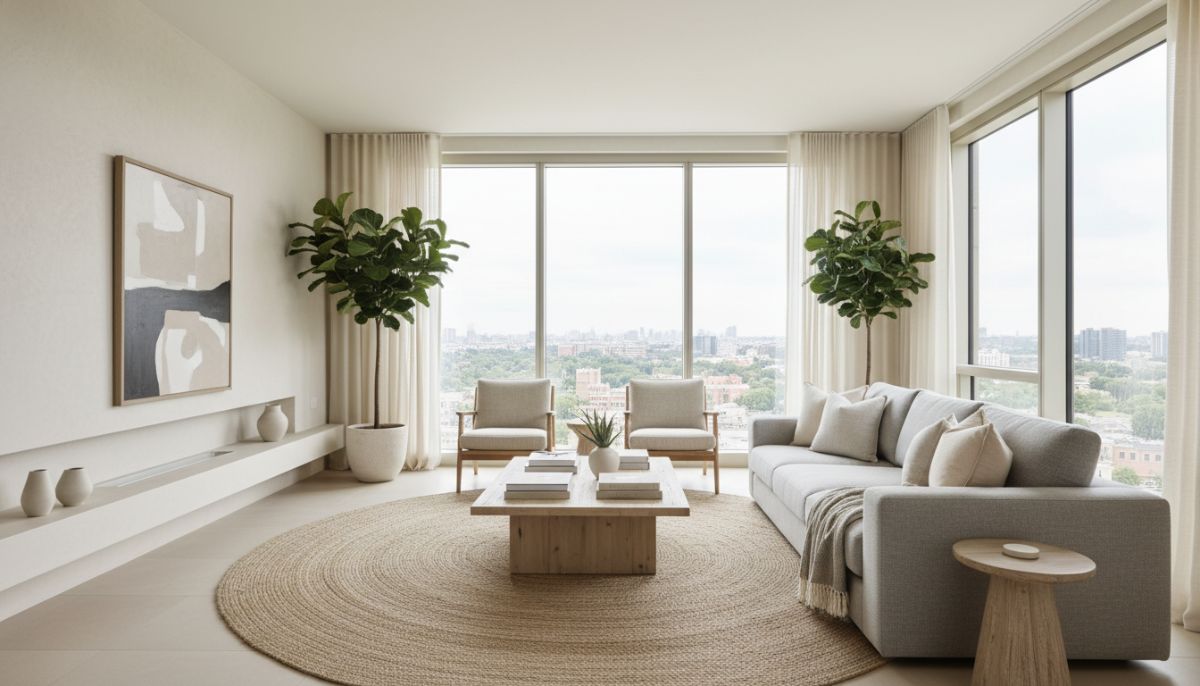A wide shot of a professionally staged living room with neutral colors, large windows letting in natural light, and a cozy yet modern aesthetic with minimal decor.