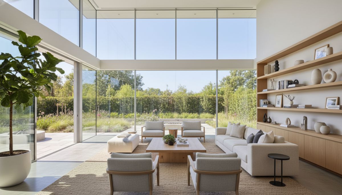 A wide-angle interior shot of a modern, sun-drenched living room in a newly constructed home, featuring high ceilings, neutral-toned furniture, and large floor-to-ceiling windows looking out onto a beautifully landscaped backyard.