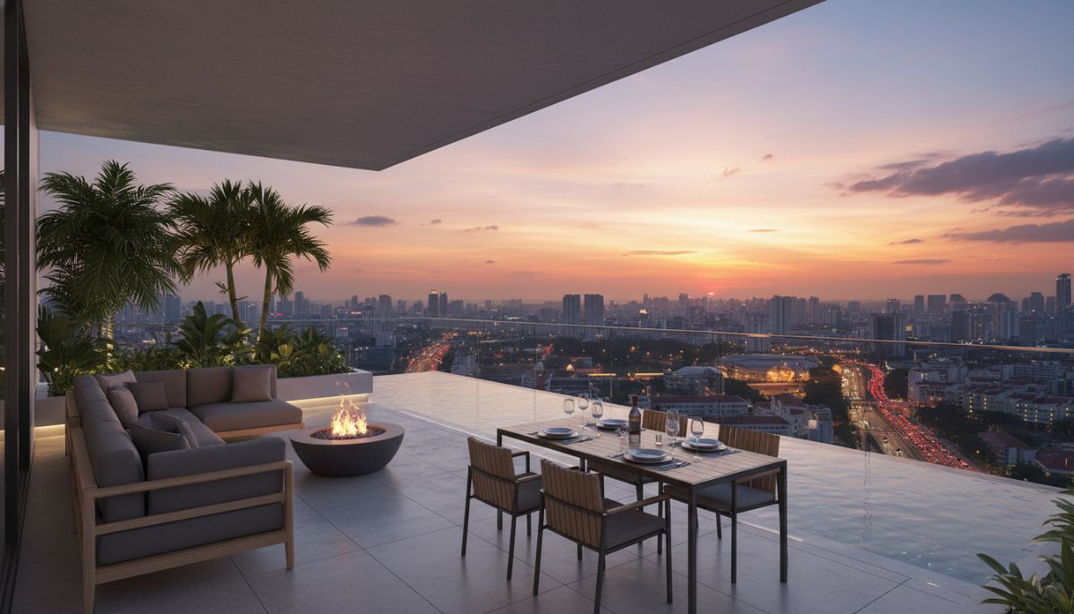 A detailed 3D architectural rendering of a luxury modern penthouse balcony overlooking the Singapore skyline and Orchard Road, featuring sleek furniture, a private infinity pool, and sunset lighting.