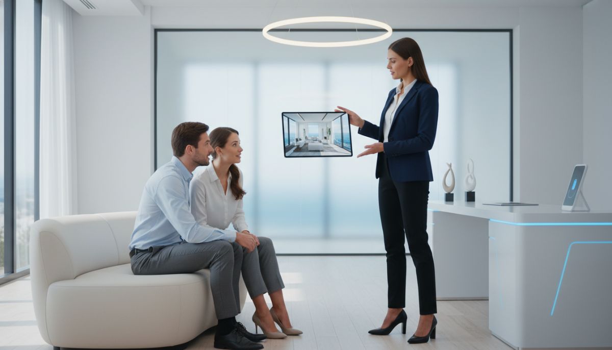 A professional real estate agent in a modern office showing a 3D virtual reality property tour on a tablet to a young professional couple, high-tech environment, soft natural lighting, minimalist interior design