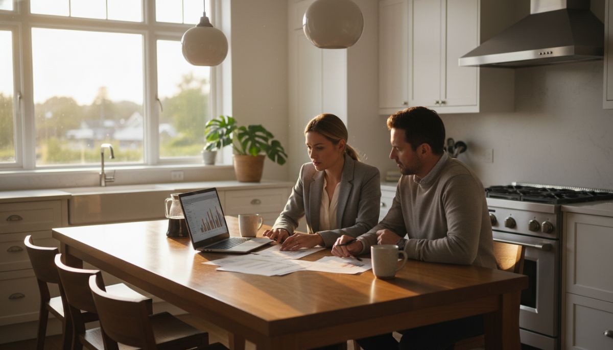 A professional real estate agent and a homeowner sitting at a wooden kitchen table, looking at a laptop and printouts of market data, warm morning light through a window, modern interior design