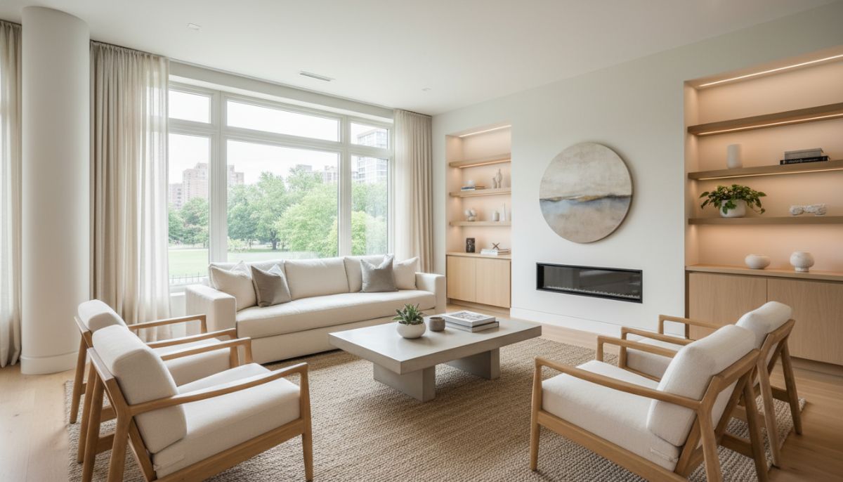 A bright, modern living room with neutral colors, professionally staged with minimalist furniture, large windows letting in natural sunlight, high-quality real estate photography style.