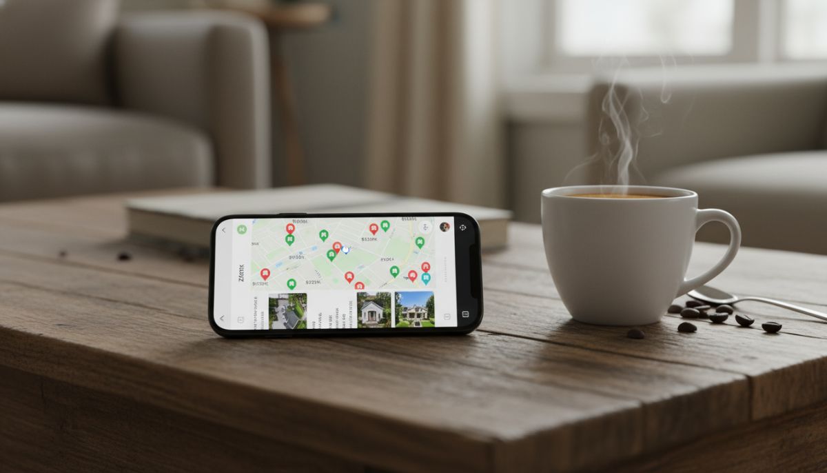 A smartphone displaying the Zillow app interface with a map of available houses, placed on a wooden coffee table with a cup of coffee.